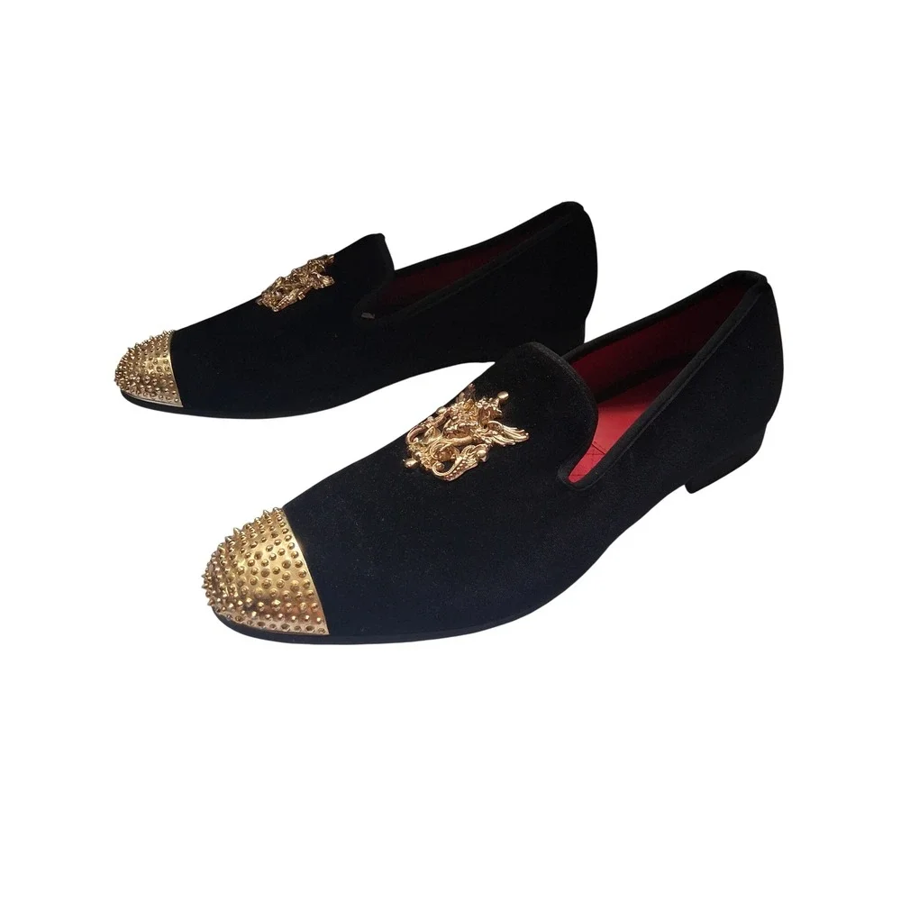 Jitai Mens Velvet Loafers Gold Studded Cap Toe Crest Black Dress Shoes 12.5